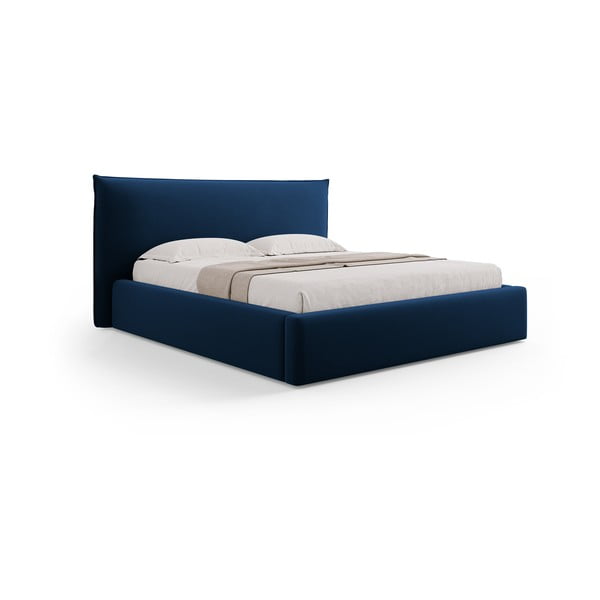 Pat matrimonial albastru închis tapițat cu spațiu de depozitare cu somieră 160x200 cm Elio – Milo Casa-image-4