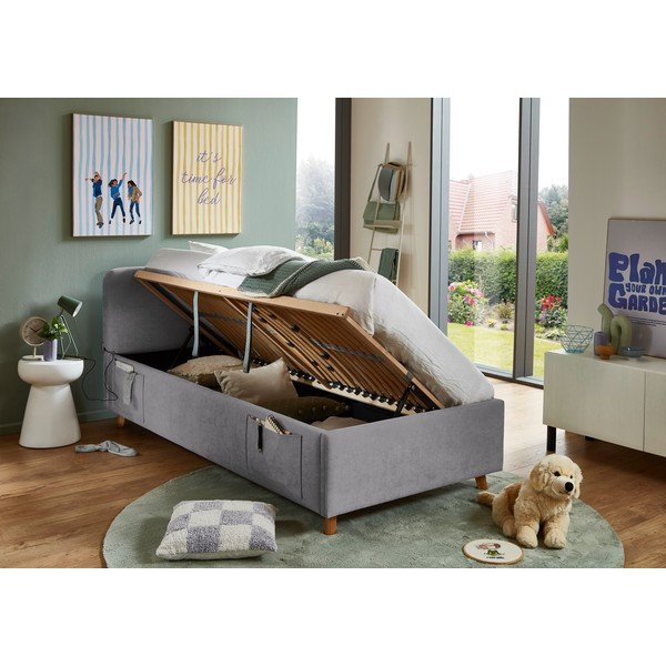 Pat pentru copii  gri cu spațiu de depozitare cu somieră 90x200 cm Cosy – Meise Möbel-image-2