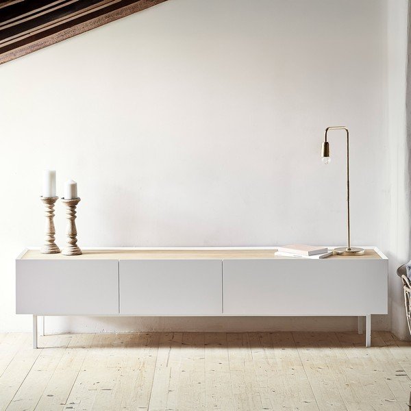 Masă TV albă/în culoare naturală cu aspect de lemn de stejar 180x45 cm Arista – Teulat-image-1