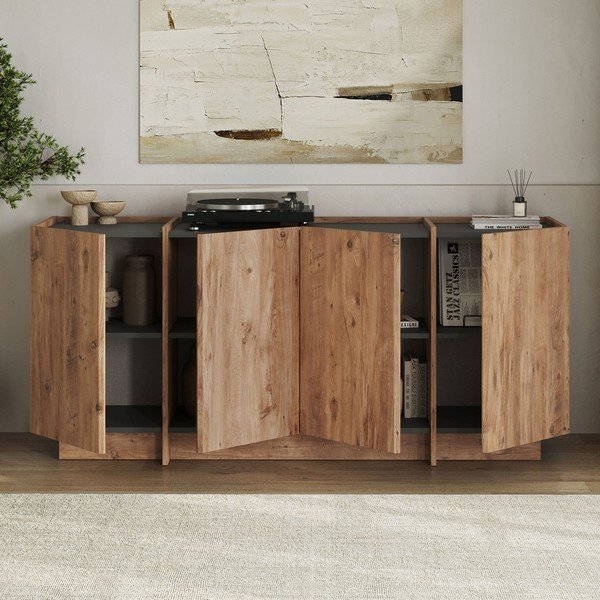 Comodă în culoare naturală cu aspect de lemn de pin cu orificiu pentru cabluri 180x80x45 cm Dorma – Kalune Design-image-2