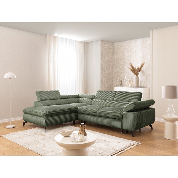 Colțar verde cu tapițerie din catifea reiată  (cu colț pe partea stângă/în formă de ”L”) Marbeya  – Ropez-image-1