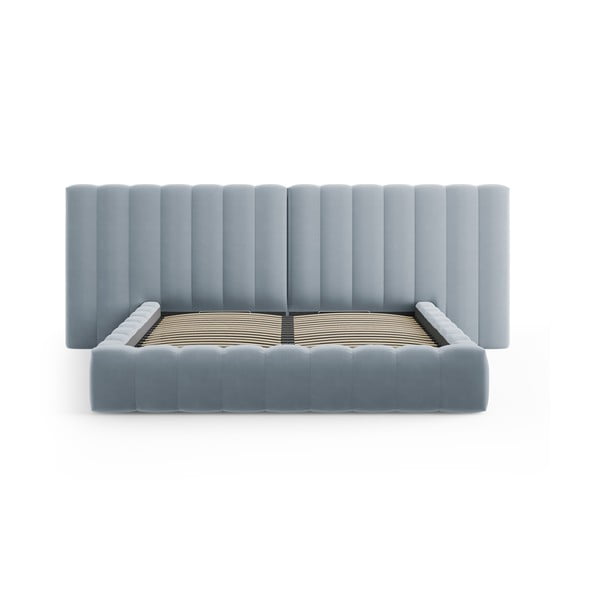 Pat matrimonial albastru deschis tapițat cu spațiu de depozitare și somieră  180x200 cm Gina – Milo Casa-image-2