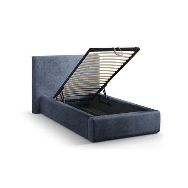 Pat albastru închis tapițat cu spațiu de depozitare cu somieră 90x200 cm Amy – Micadoni -image-1