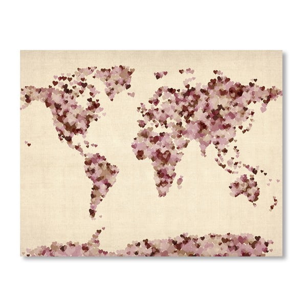 Poster cu harta lumii Americanflat Heart, 60 x 42 cm, roz