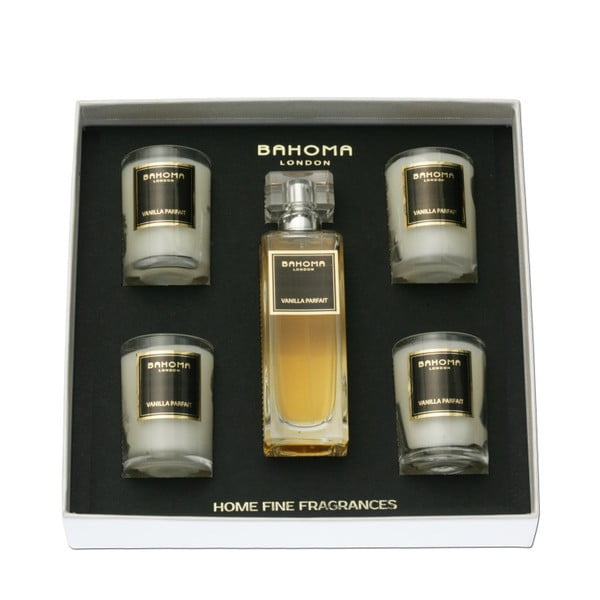 Set 4 lumânări parfumate și spray de interior Bahoma London, aromă de vanilie și prune