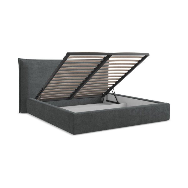 Pat matrimonial gri închis tapițat cu spațiu de depozitare cu somieră 160x200 cm Esala – Makamii-image-3