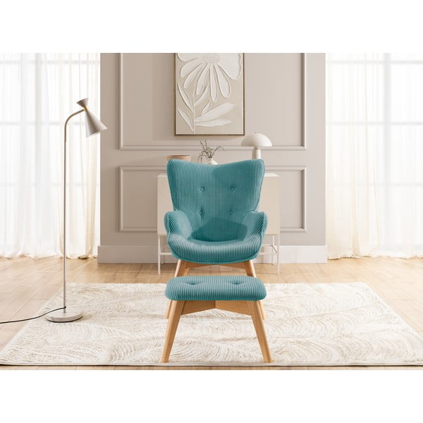 Fotoliu cu taburet turcoaz cu tapițerie din catifea reiată Niko – Ropez-image-1