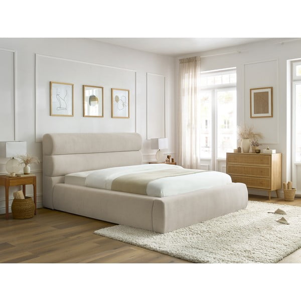 Pat matrimonial bej tapițat cu spațiu de depozitare și somieră 160x200 cm Jagna – Bobochic Paris-image-3