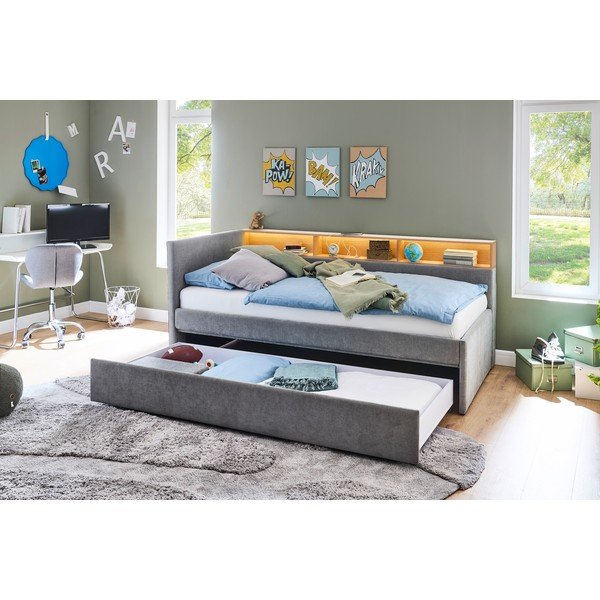 Pat pentru copii  gri pe colț cu spațiu de depozitare fără somieră 90x200 cm Uno – Meise Möbel-image-3