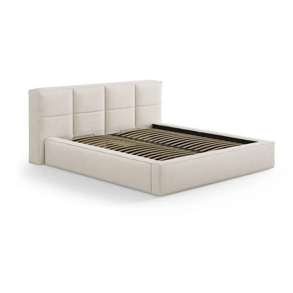 Pat matrimonial crem tapițat cu spațiu de depozitare cu somieră 180x200 cm Simon Darren – Micadoni 