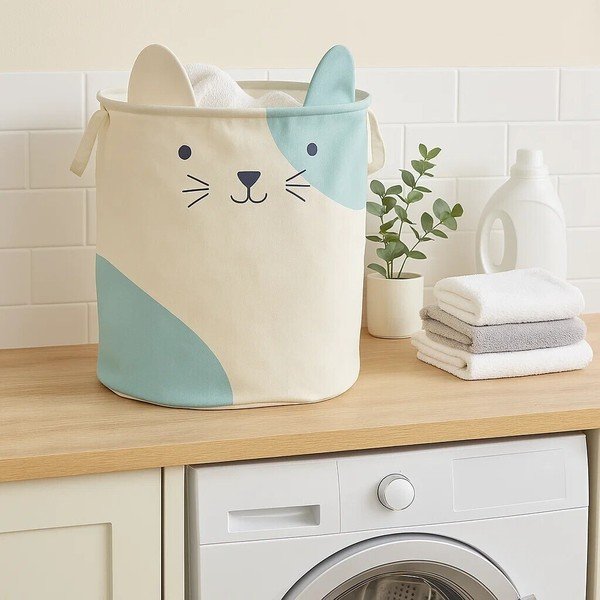 Coș de jucării pentru copii alb din material textil ø 40x48 cm Mimo Cat Face – Premier Housewares-image-1