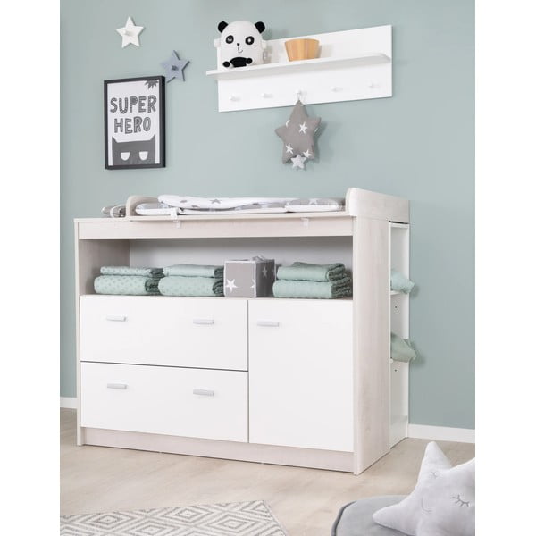 Comodă de copii albă joasă cu aspect de lemn de stejar cu masă de schimbat 117x98 cm Julia – Roba-image-1