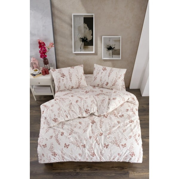 Lenjerie de pat bej pentru pat dublu, extinsă cu cearceaf inclus, cu 4 piese 200x220 cm Floral Butterfly – Mila Home-image-1