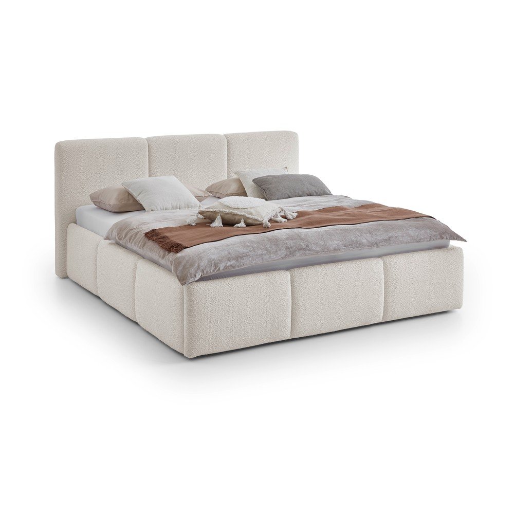 Pat matrimonial fildeș tapițat cu spațiu de depozitare cu somieră 180x200 cm Merida – Meise Möbel