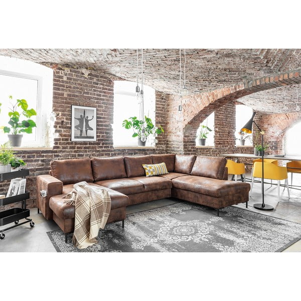 Canapea extensibilă în formă de „U” din imitație de piele cu șezlong pe partea dreaptă Miuform Lofty Lilly Vintage, maro-image-4