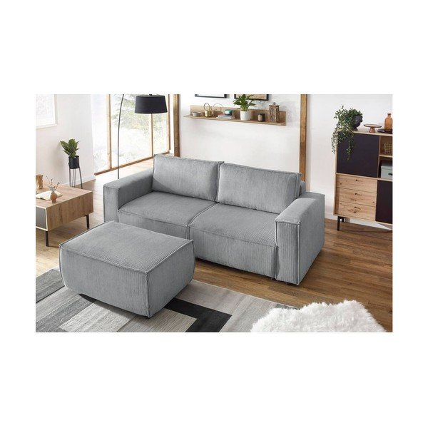 Taburet gri deschis cu tapițerie din catifea reiată Nihad – Bobochic Paris-image-4