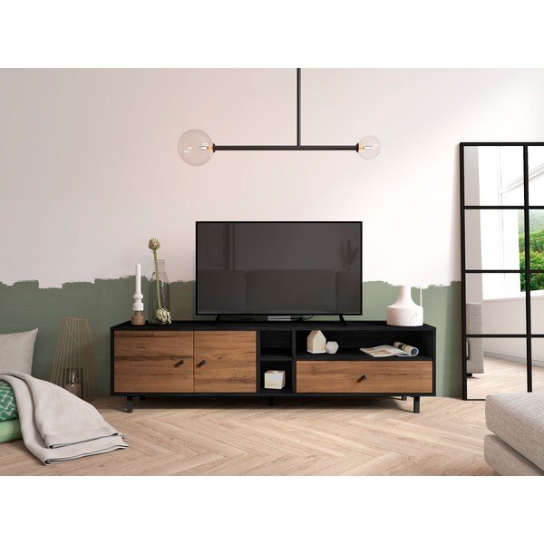 Comodă TV  negru/natural  cu aspect de lemn de nuc 180x47 cm Roald – Marckeric-image-1