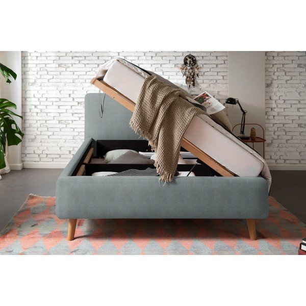 Pat matrimonial gri închis tapițat cu spațiu de depozitare cu somieră 140x200 cm Mattis – Meise Möbel-image-3