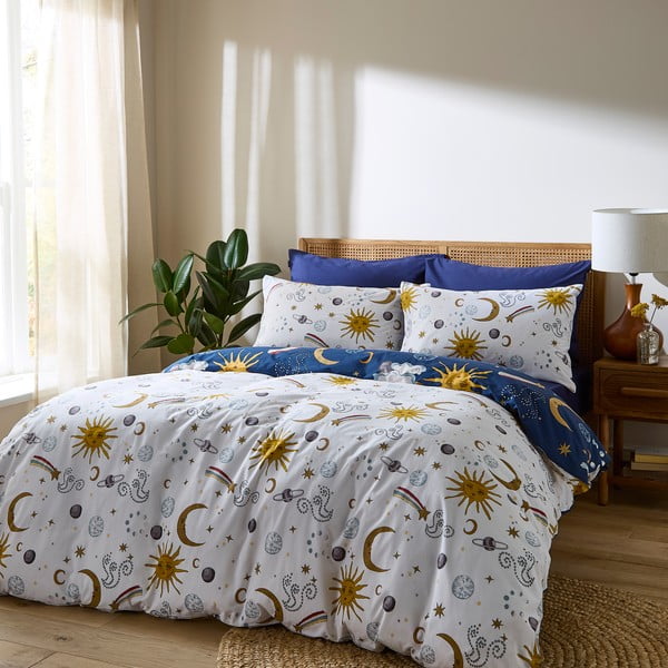 Lenjerie de pat albă-albastră din bumbac pentru pat dublu 200x200 cm Disco Space – Their Nibs-image-2