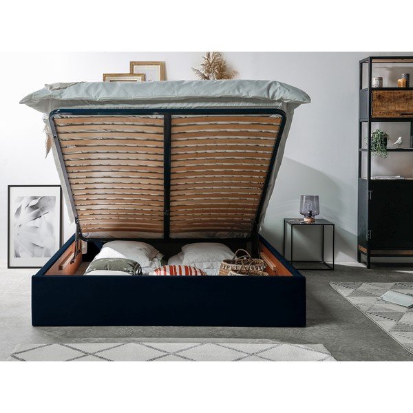 Pat matrimonial 160x200 cm albastru închis tapițat cu spațiu de depozitare cu somieră Palmyre – Bobochic Paris-image-3