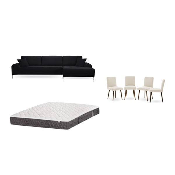 Set canapea neagră cu șezlong pe partea dreaptă, 4 scaune crem și saltea 160 x 200 cm Home Essentials