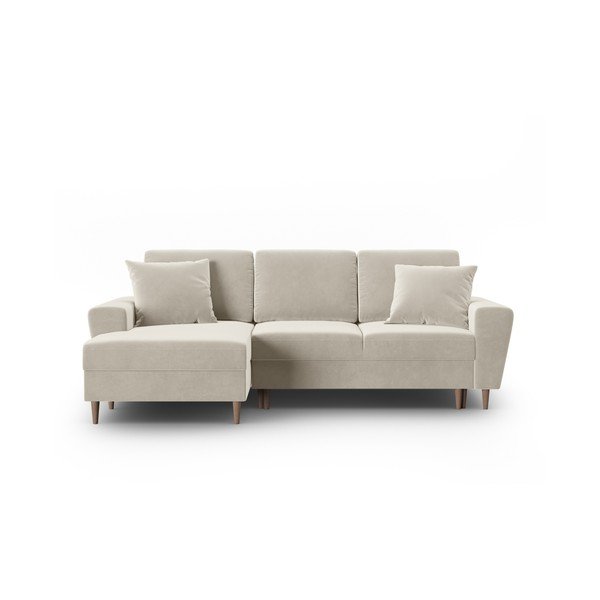 Colțar bej extensibil, cu spațiu de depozitare cu tapițerie din catifea (cu colț pe partea stângă, cu șezlong) Kyoto – Cosmopolitan Design