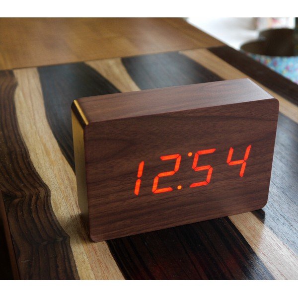 Ceas deșteptător cu LED Gingko Brick Click Clock, maro-roșu-image-1