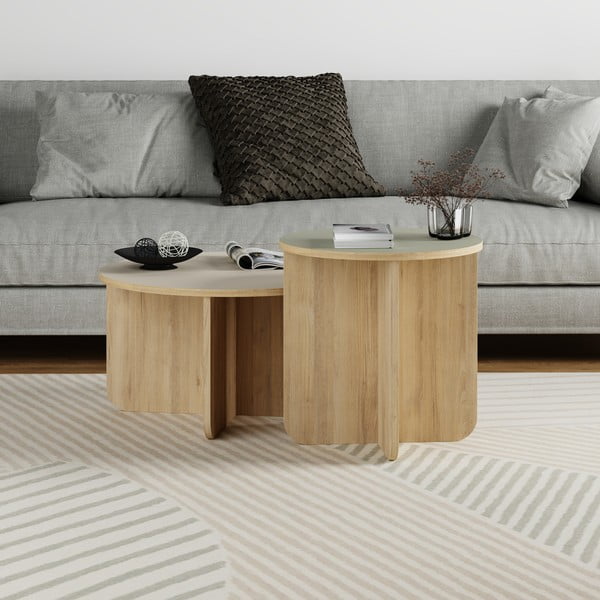 Măsuțe de cafea crem/în culoare naturală 2 buc. rotunde cu aspect de lemn de stejar ø 70 cm Hillary – Marckeric-image-1