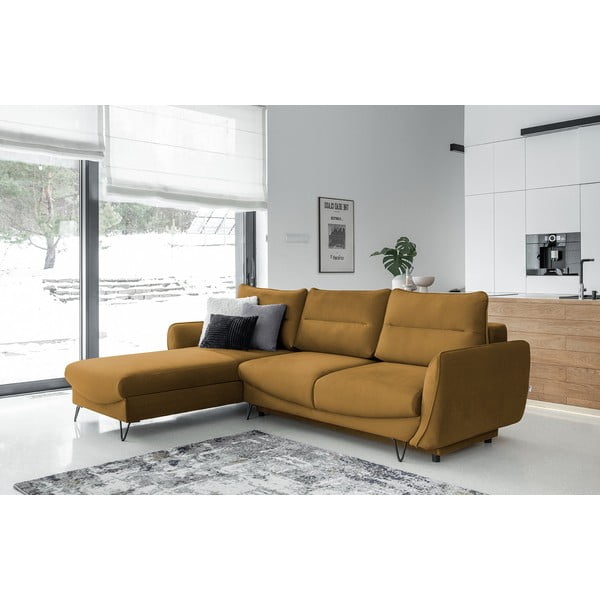 Colțar galben extensibil/cu spațiu de depozitare cu tapițerie din catifea (cu colț pe partea stângă/cu șezlong) Silva – ELTAP-image-1