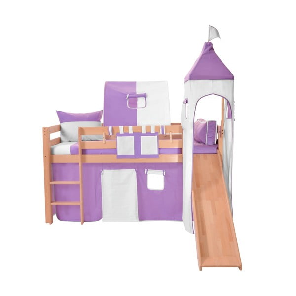 Pătuț cu tobogan pentru copii și set violet-alb din bumbac Mobi furniture Tom, 200 x 90 cm
