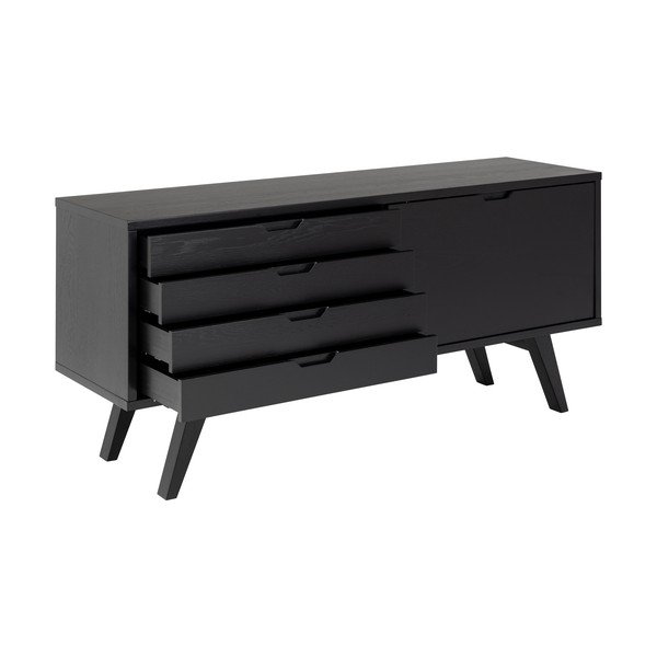 Comodă neagră joasă cu aspect de lemn de stejar cu ușă glisantă 160x72 cm A-Line – Actona-image-3