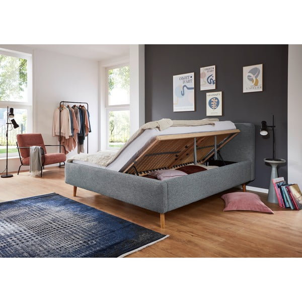 Pat matrimonial gri închis tapițat cu spațiu de depozitare cu somieră 180x200 cm Mattis – Meise Möbel-image-3