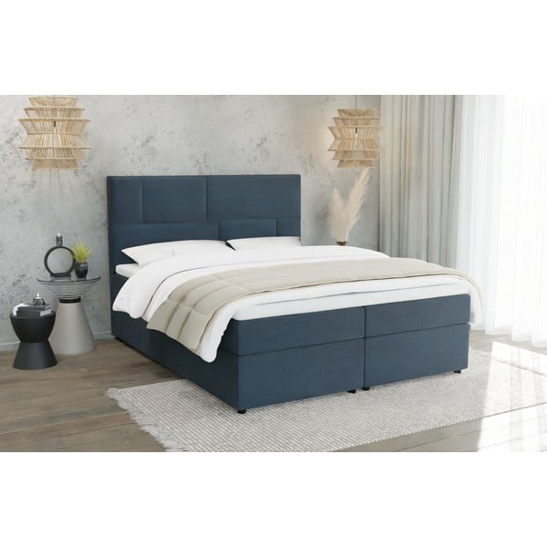 Pat boxspring albastru închis cu spațiu de depozitare 180x200 cm Lola – Ropez-image-1