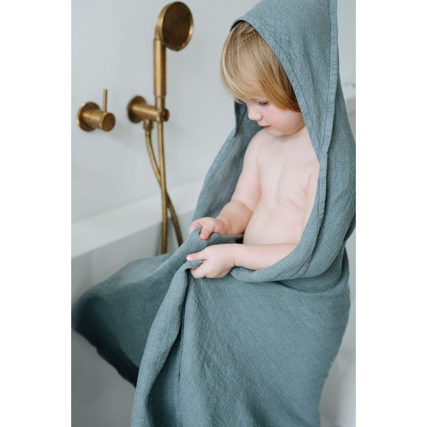 Prosop din in cu glugă pentru copii albastru 100x100 cm Waffle - Linen Tales-image-3