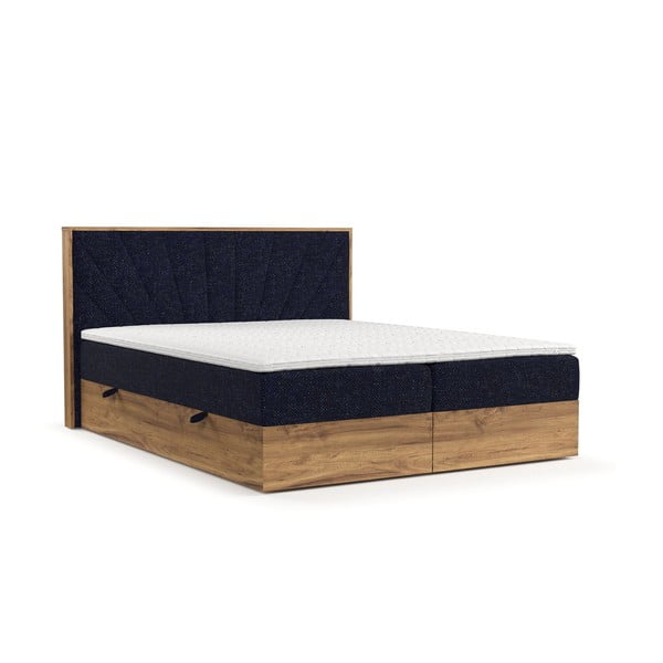 Pat boxspring albastru închis/în culoare naturală cu spațiu de depozitare 180x200 cm Asahi – Maison de Rêve