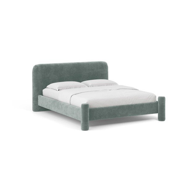 Pat matrimonial albastru deschis tapițat cu somieră 160x200 cm Vera – Micadoni 