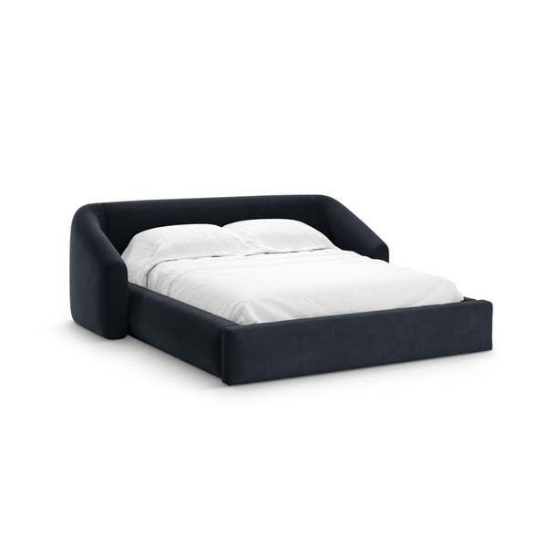 Pat matrimonial albastru închis tapițat cu spațiu de depozitare cu somieră 140x200 cm Campi – Cosmopolitan Design