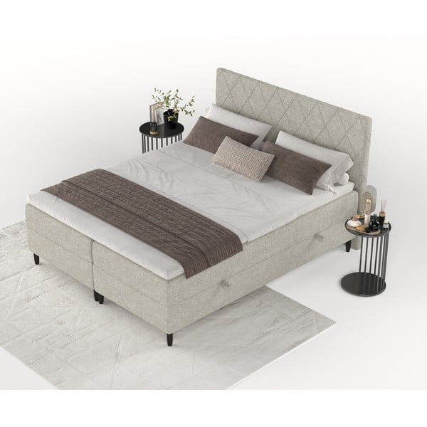Pat boxspring gri/bej cu spațiu de depozitare 200x200 cm Gwen – Maison de Rêve-image-3