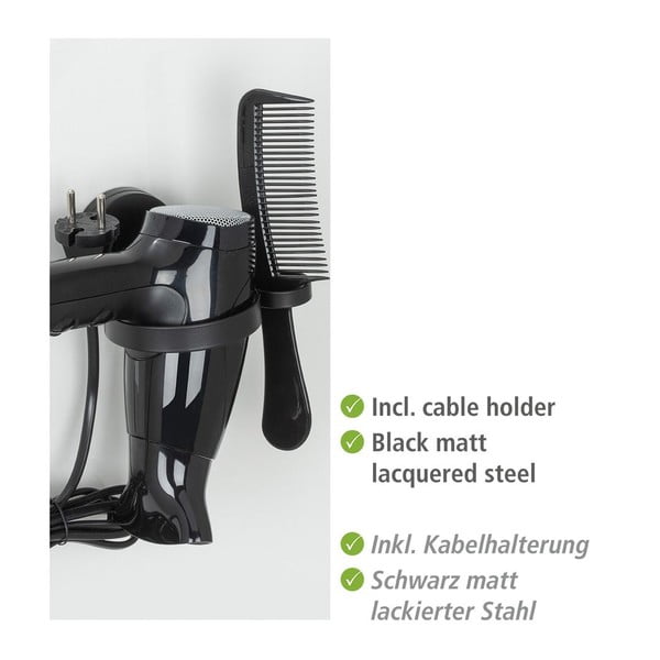 Suport de perete negru pentru uscătorul de păr Wenko Static-Loc® Pavia-image-1