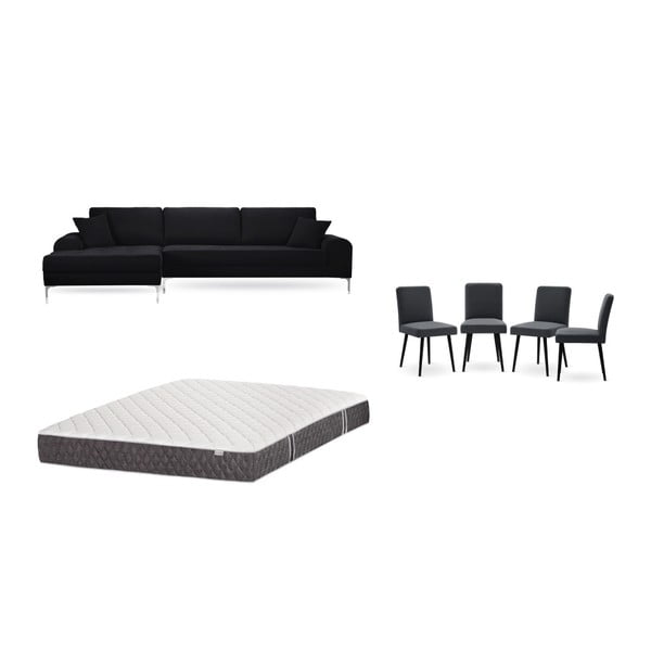 Set canapea neagră cu șezlong pe partea stângă, 4 scaune gri antracit și saltea 160 x 200 cm Home Essentials