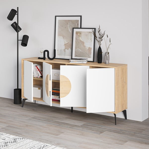 Comodă albă/în culoare naturală joasă cu aspect de lemn de stejar 180x82 cm Vae – Marckeric-image-2