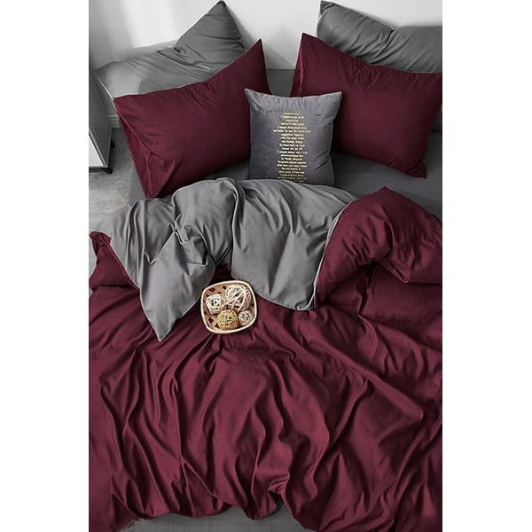Lenjerie de pat burgundy-gri din bumbac pentru pat dublu-extins și cearceaf 200x220 cm – Mila Home