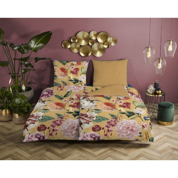 Lenjerie de pat din bumbac organic pentru pat de o persoană Descanso Flowery, 140 x 200 cm, galben-image-1