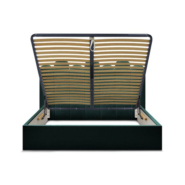 Pat matrimonial verde tapițat cu spațiu de depozitare cu somieră 160x200 cm Badja – Bobochic Paris-image-4