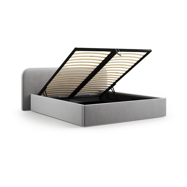 Pat matrimonial gri deschis tapițat cu spațiu de depozitare cu somieră 200x200 cm Elizabeth – Micadoni -image-2