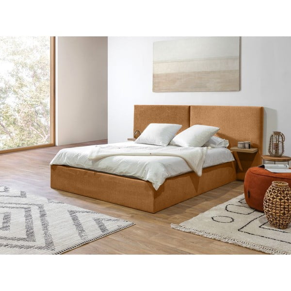 Pat matrimonial galben ocru tapițat cu spațiu de depozitare cu somieră 160x200 cm Blandine – Bobochic Paris-image-2