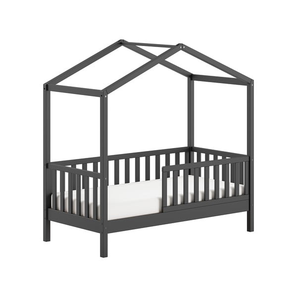 Pat pentru copii  gri antracit de tip casă din lemn de pin cu somieră 70x140 cm DALLAS – Vipack-image-3