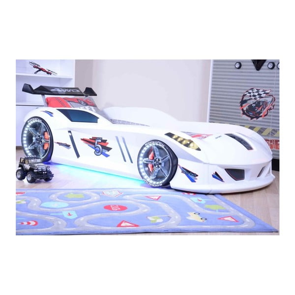 Pat în formă de automobil cu lumini LED pentru copii Speedy, 90 x 190 cm, alb