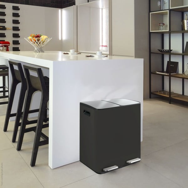 Coș de gunoi negru mat pentru reciclare/cu pedală 2x20 l din oțel   Aliya – Spirella-image-1