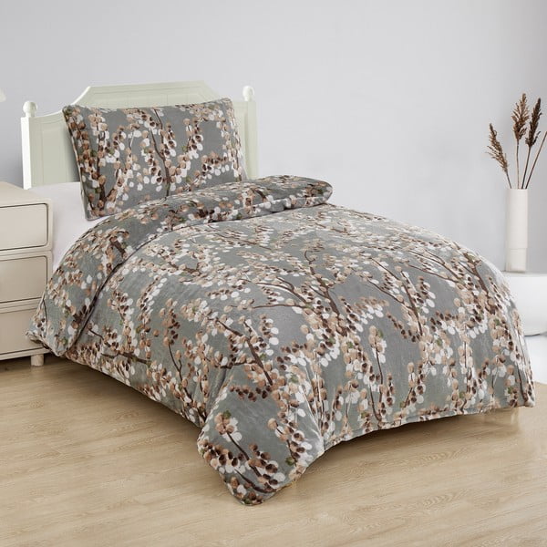 Lenjerie de pat gri din micropluș/cocolino pentru pat de o persoană 140x200 cm Branches – My House